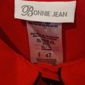 FINAL PRICE BONNIE JEAN red 2-pc dress suit w pleats & black bows at hem/waist 4